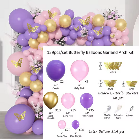 Pink Purple Butterfly balionų rinkinys (139 pcs)